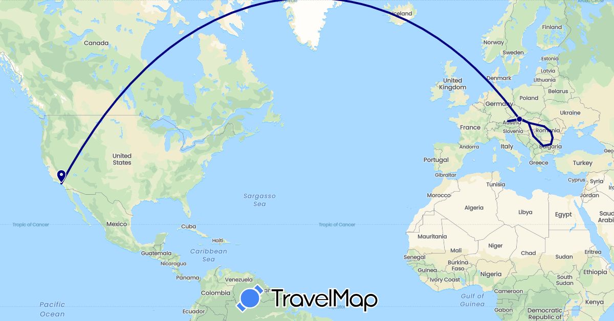 TravelMap itinerary: driving in Austria, Bulgaria, Hungary, Romania, Serbia, Slovakia, United States (Europe, North America)